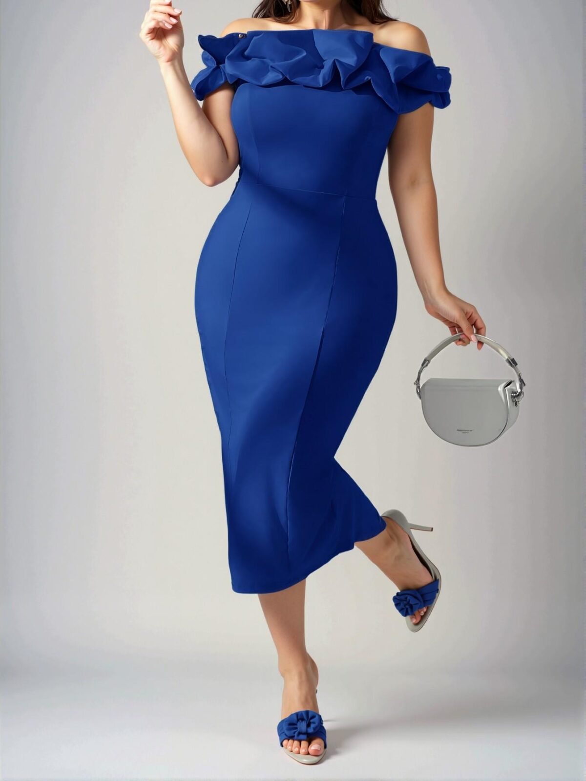 Elegant Royal Blue Ruffle Pleated Midi Dress with Back Slit for Office, First Dates, and Parties - Chic, Classy and Trendy Fashion Style to Dress to Impress