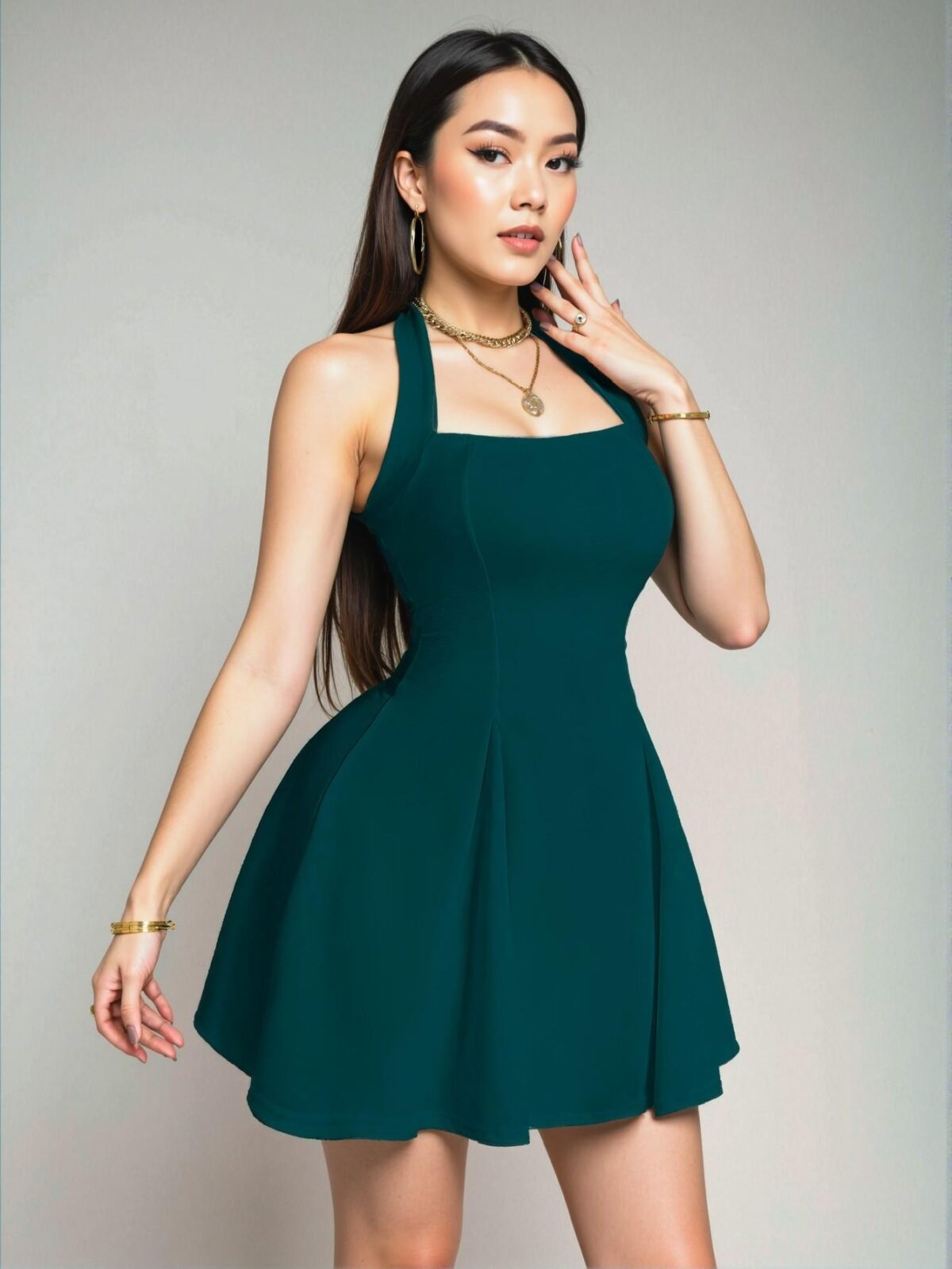Elegant Dark Green Stylish Halter Neck A-Line Dress for Spring and Summer – Chic, Classy and Trendy Fashion Style to Dress to Impress - Image 4