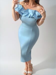 Elegant Baby Blue Stylish One-Shoulder Ruffle Trim Midi Dress for Formal Work, Upscale Events, and Afternoon Gatherings - Chic, Classy, and Trendy Fashion Style to Dress to Impress