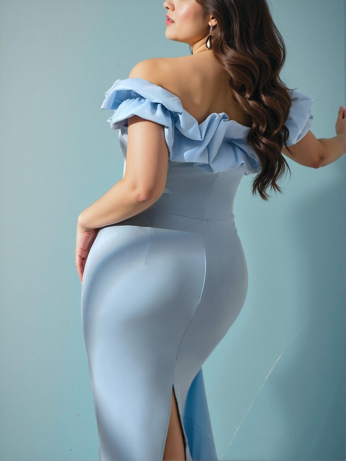 Elegant Baby Blue Stylish One-Shoulder Ruffle Trim Midi Dress for Formal Work, Upscale Events, and Afternoon Gatherings - Chic, Classy, and Trendy Fashion Style to Dress to Impress - Image 2