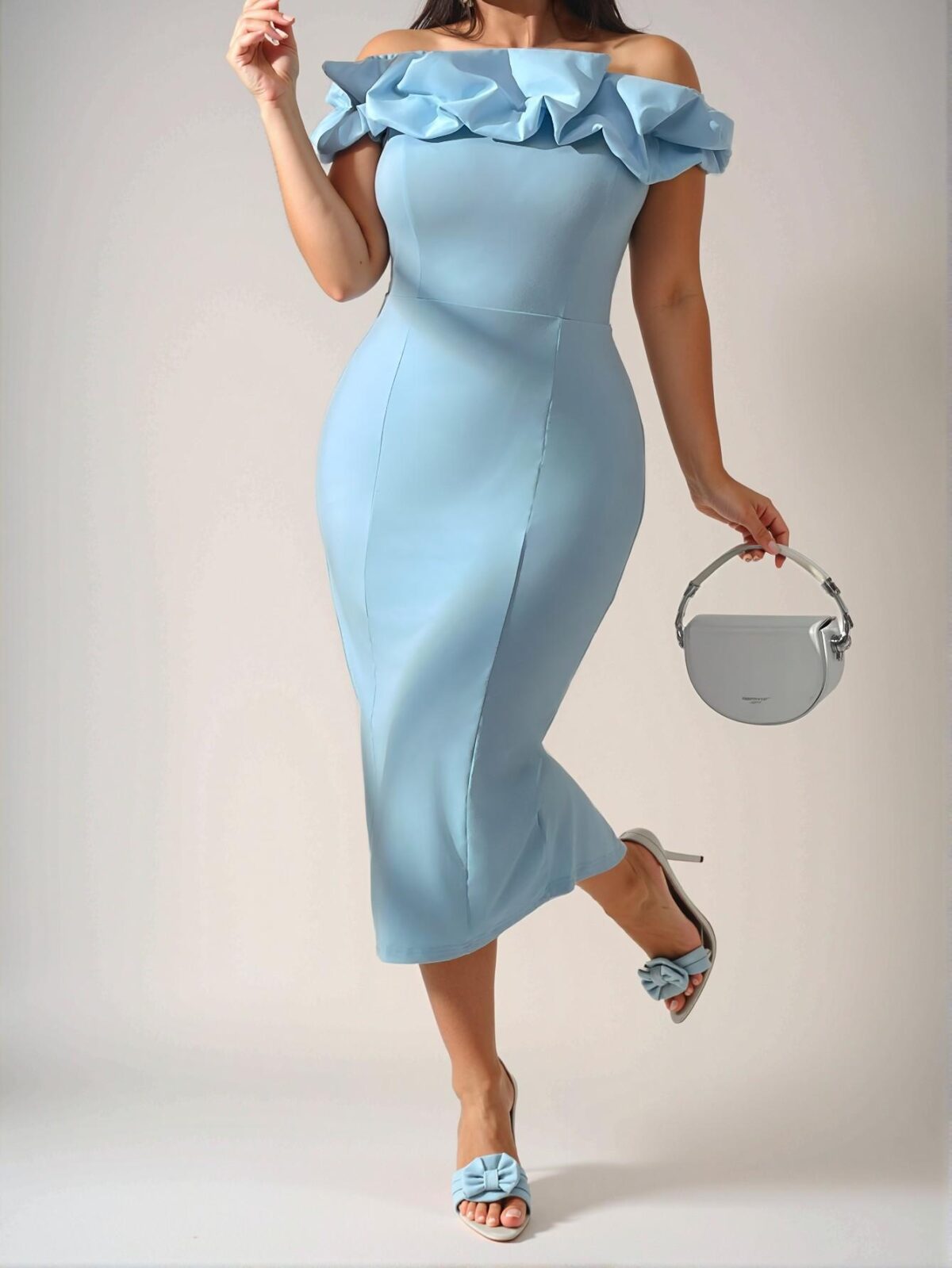 Elegant Baby Blue Stylish One-Shoulder Ruffle Trim Midi Dress for Formal Work, Upscale Events, and Afternoon Gatherings - Chic, Classy, and Trendy Fashion Style to Dress to Impress - Image 3