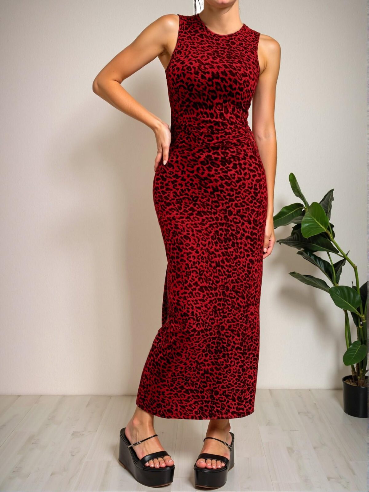 Elegant Red Stylish Leopard Print Knitted Sleeveless Bodycon Dress Perfect for Spring and Summer Chic, Classy and Trendy Fashion Style to Dress to Impress - Image 3