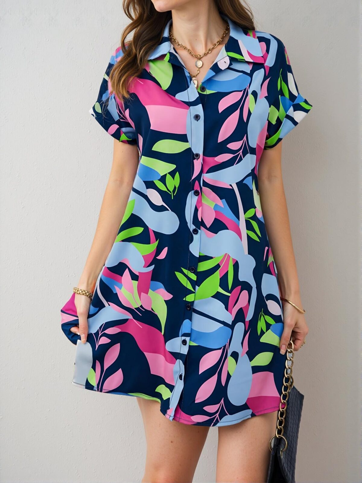Elegant Navy Blue Tropical Batwing Sleeve Shirt Dress for Vacation and Beach Adventures - Chic, Classy and Trendy Fashion Style to Dress to Impress