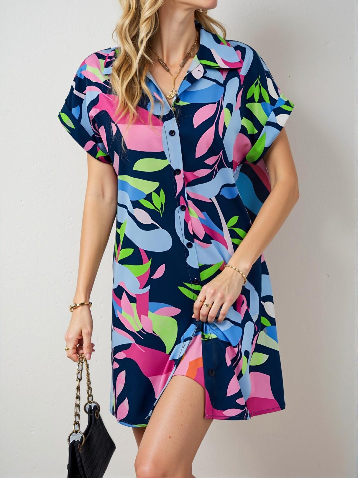 Elegant Navy Blue Tropical Batwing Sleeve Shirt Dress for Vacation and Beach Adventures - Chic, Classy and Trendy Fashion Style to Dress to Impress - Image 3
