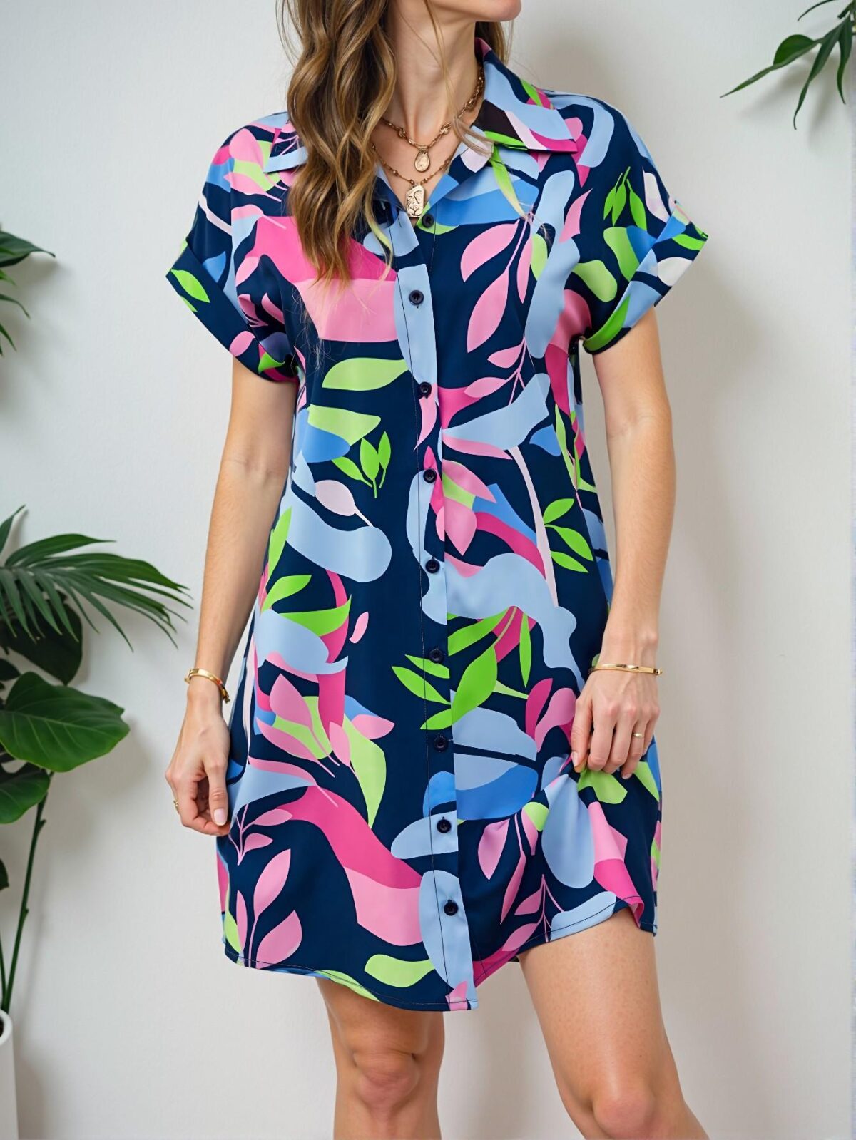 Elegant Navy Blue Tropical Batwing Sleeve Shirt Dress for Vacation and Beach Adventures - Chic, Classy and Trendy Fashion Style to Dress to Impress - Image 5