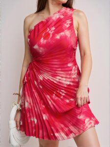 Elegant Pink Tie Dye Asymmetrical Neck Casual Dress with Drawstring Waist and Pleated Uneven Hem for Versatile Day-to-Night Wear - Chic, Classy and Trendy Fashion Style to Dress to Impress