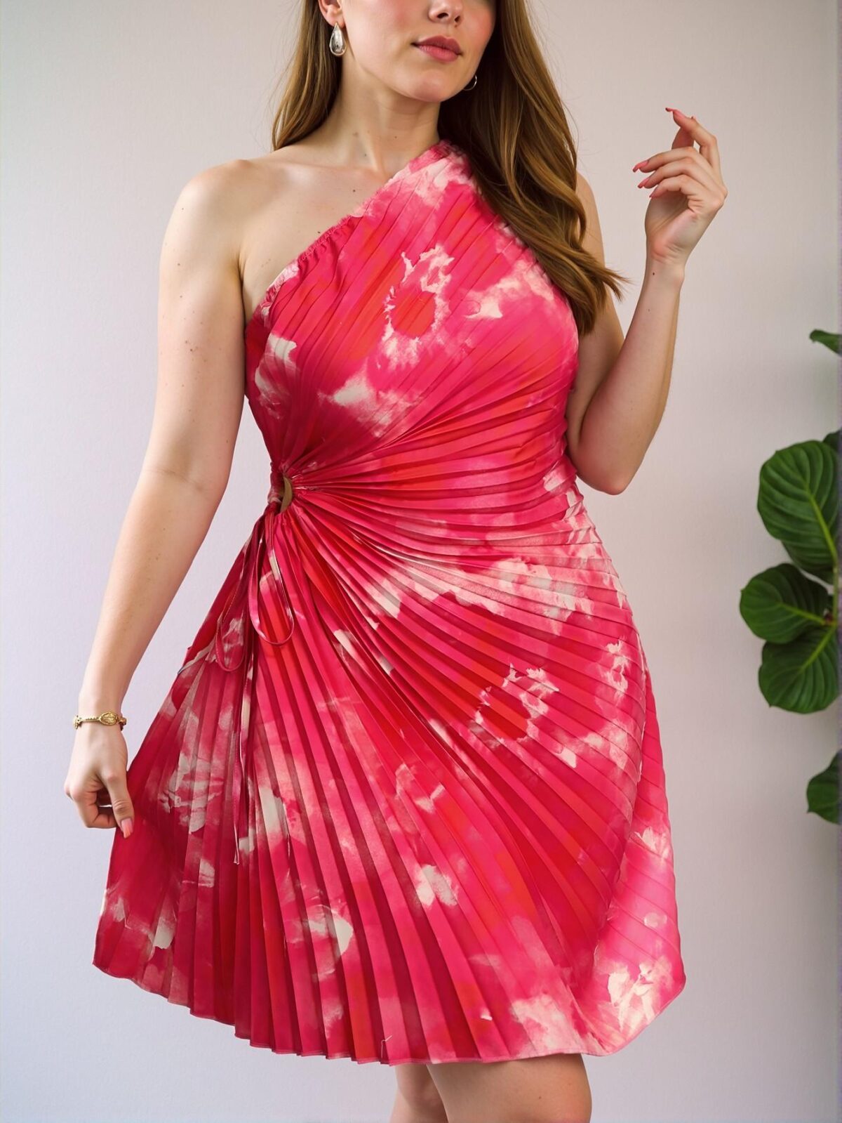 Elegant Pink Tie Dye Asymmetrical Neck Casual Dress with Drawstring Waist and Pleated Uneven Hem for Versatile Day-to-Night Wear - Chic, Classy and Trendy Fashion Style to Dress to Impress - Image 2