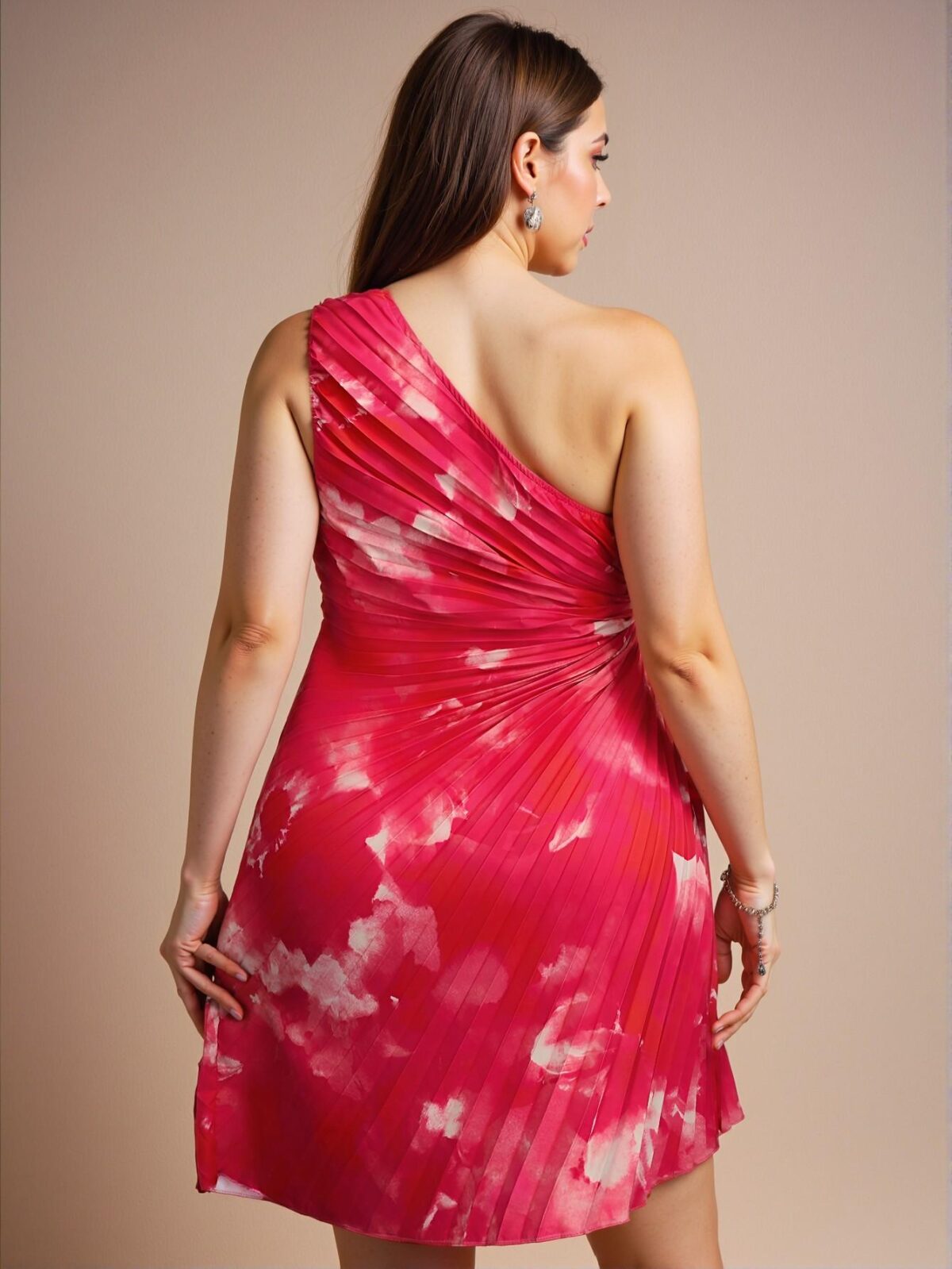 Elegant Pink Tie Dye Asymmetrical Neck Casual Dress with Drawstring Waist and Pleated Uneven Hem for Versatile Day-to-Night Wear - Chic, Classy and Trendy Fashion Style to Dress to Impress - Image 3
