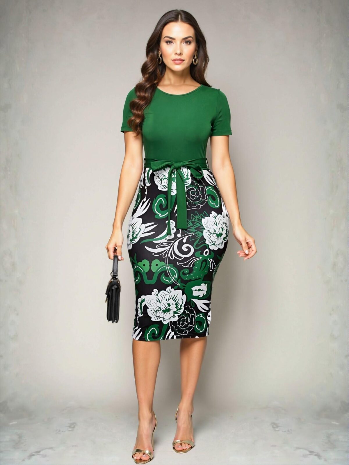 Elegant Multicolor Sophisticated Floral Print Crew Neck Short Sleeve Dress for Spring and Summer Office Commutes Chic, Classy and Trendy Fashion Style to Dress to Impress - Image 4