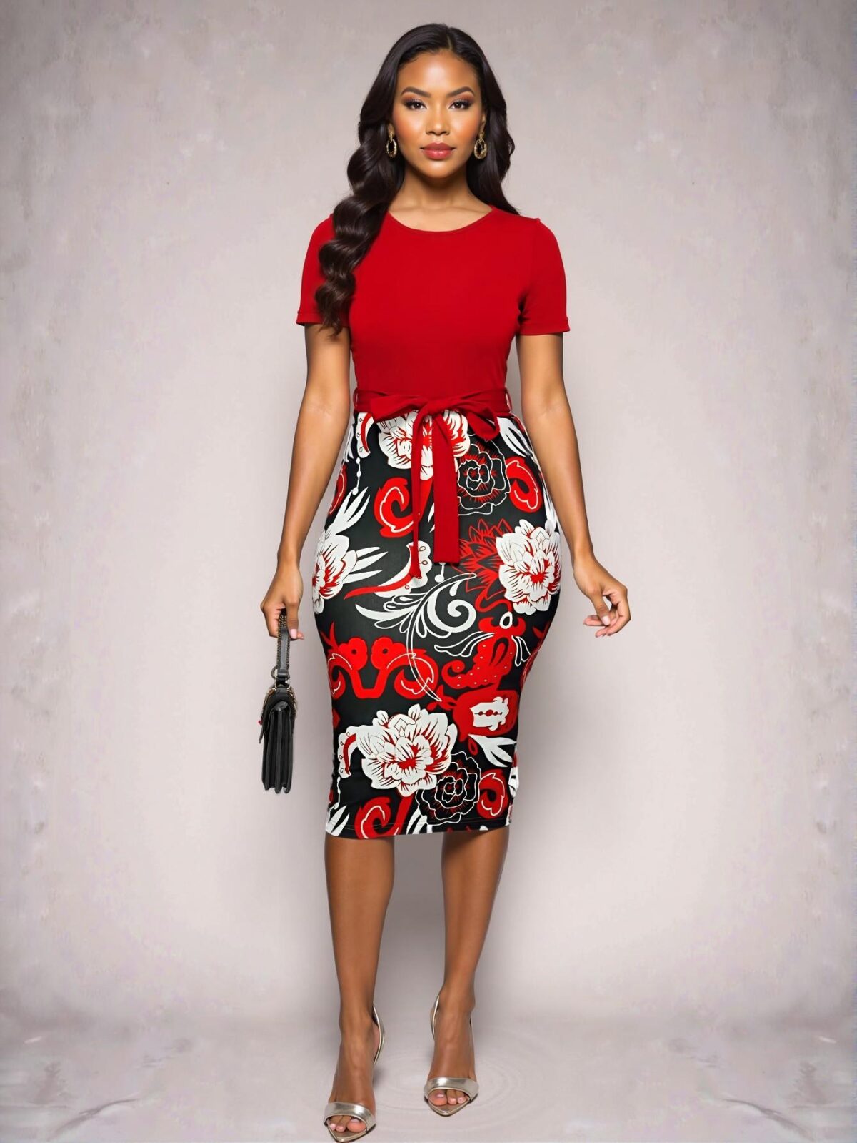 Elegant Red Stylish Patchwork Floral Bodycon Mini Dress Perfect for Spring and Summer Commutes - Chic, Classy and Trendy Fashion Style to Dress to Impress - Image 4