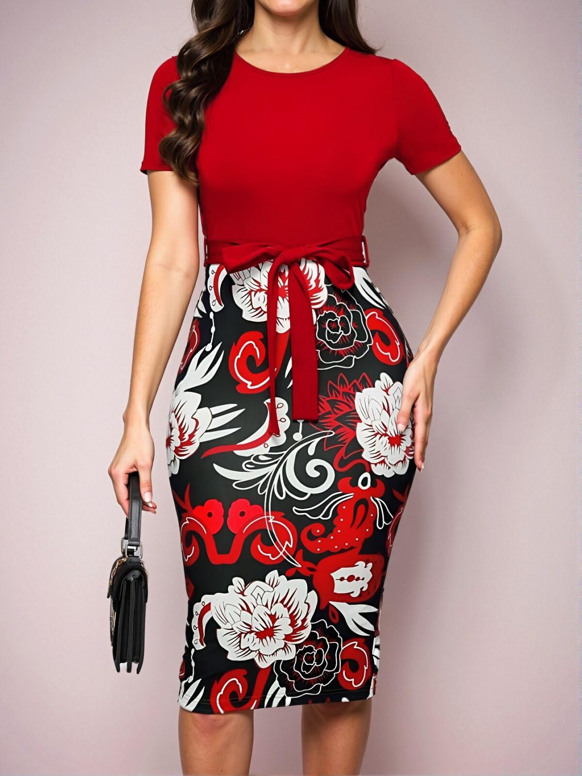 Elegant Red Stylish Patchwork Floral Bodycon Mini Dress Perfect for Spring and Summer Commutes - Chic, Classy and Trendy Fashion Style to Dress to Impress - Image 5