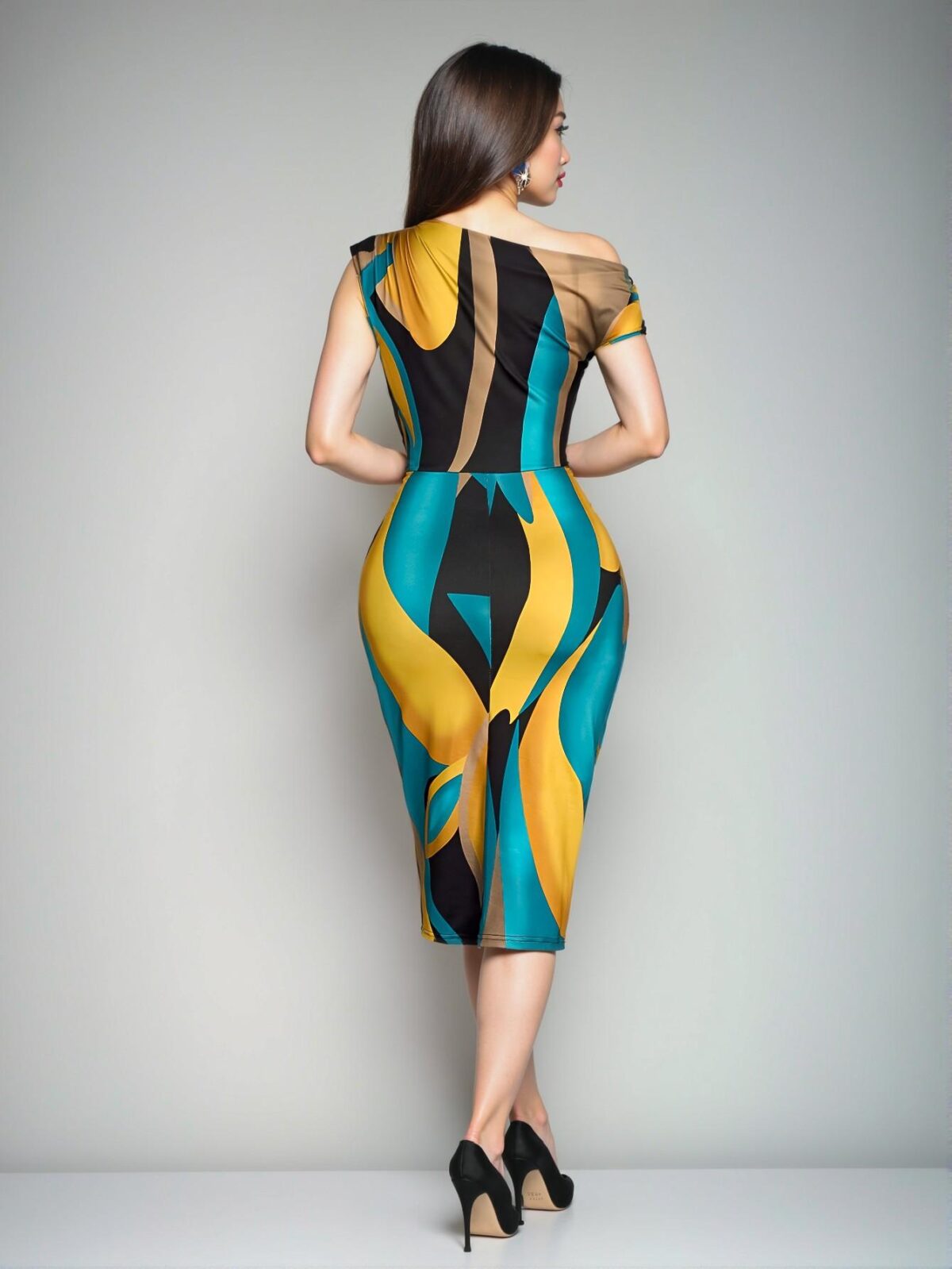 Elegant Yellow Off-Shoulder Bodycon Midi Dress with Leopard Rose Flower Print for a Stylish Spring and Summer Look - Chic, Classy, and Trendy Fashion Style to Dress to Impress - Image 2