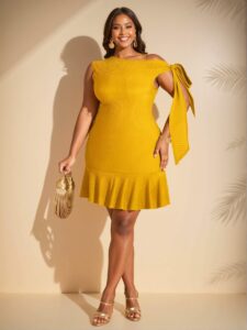 Elegant Yellow Stylish Plus Size Women's Casual Bodycon Dress with Asymmetrical Ruffle Hem for Effortless Chic, Classy, and Trendy Fashion Style to Dress to Impress