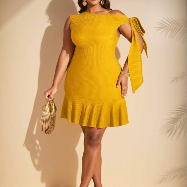 Elegant Yellow Stylish Plus Size Women's Casual Bodycon Dress with Asymmetrical Ruffle Hem for Effortless Chic, Classy, and Trendy Fashion Style to Dress to Impress