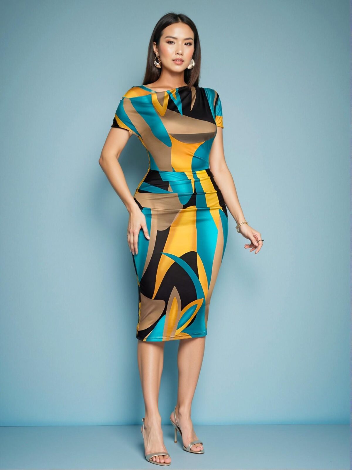 Elegant Yellow Off-Shoulder Bodycon Midi Dress with Leopard Rose Flower Print for a Stylish Spring and Summer Look - Chic, Classy, and Trendy Fashion Style to Dress to Impress - Image 4
