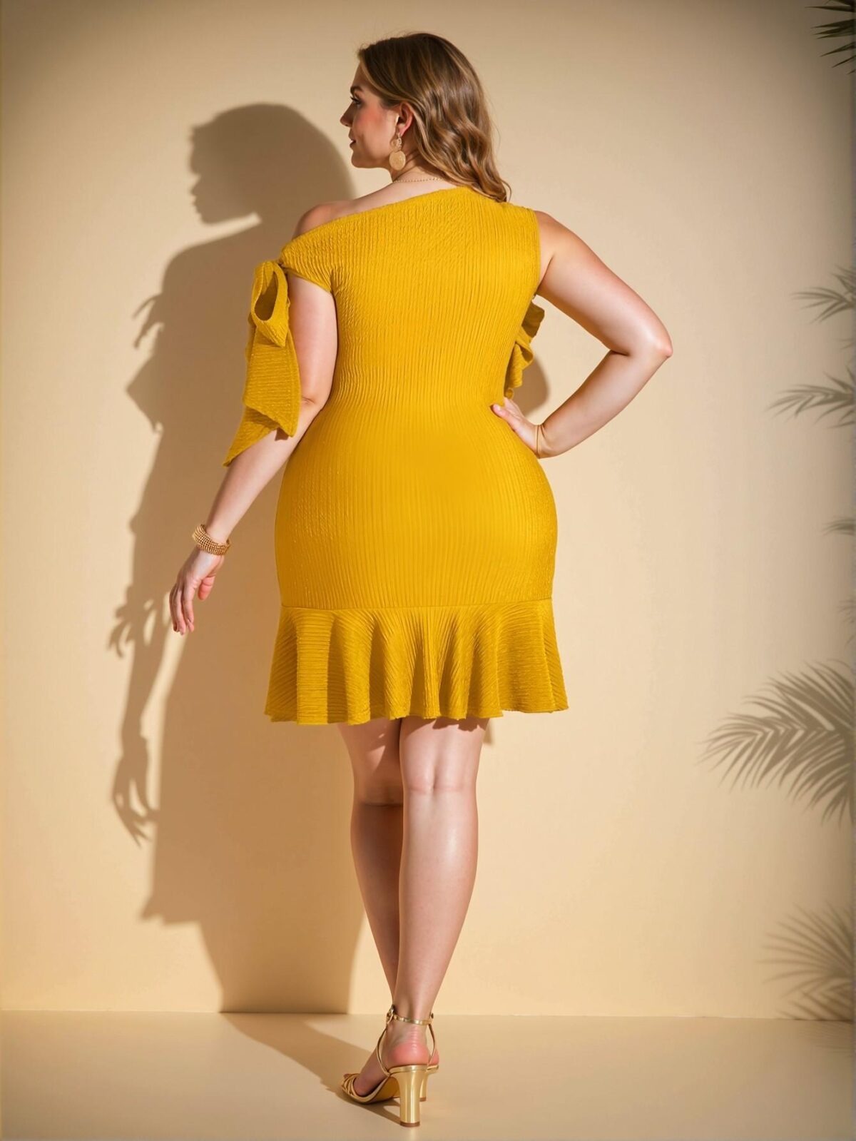 Elegant Yellow Stylish Plus Size Women's Casual Bodycon Dress with Asymmetrical Ruffle Hem for Effortless Chic, Classy, and Trendy Fashion Style to Dress to Impress - Image 2