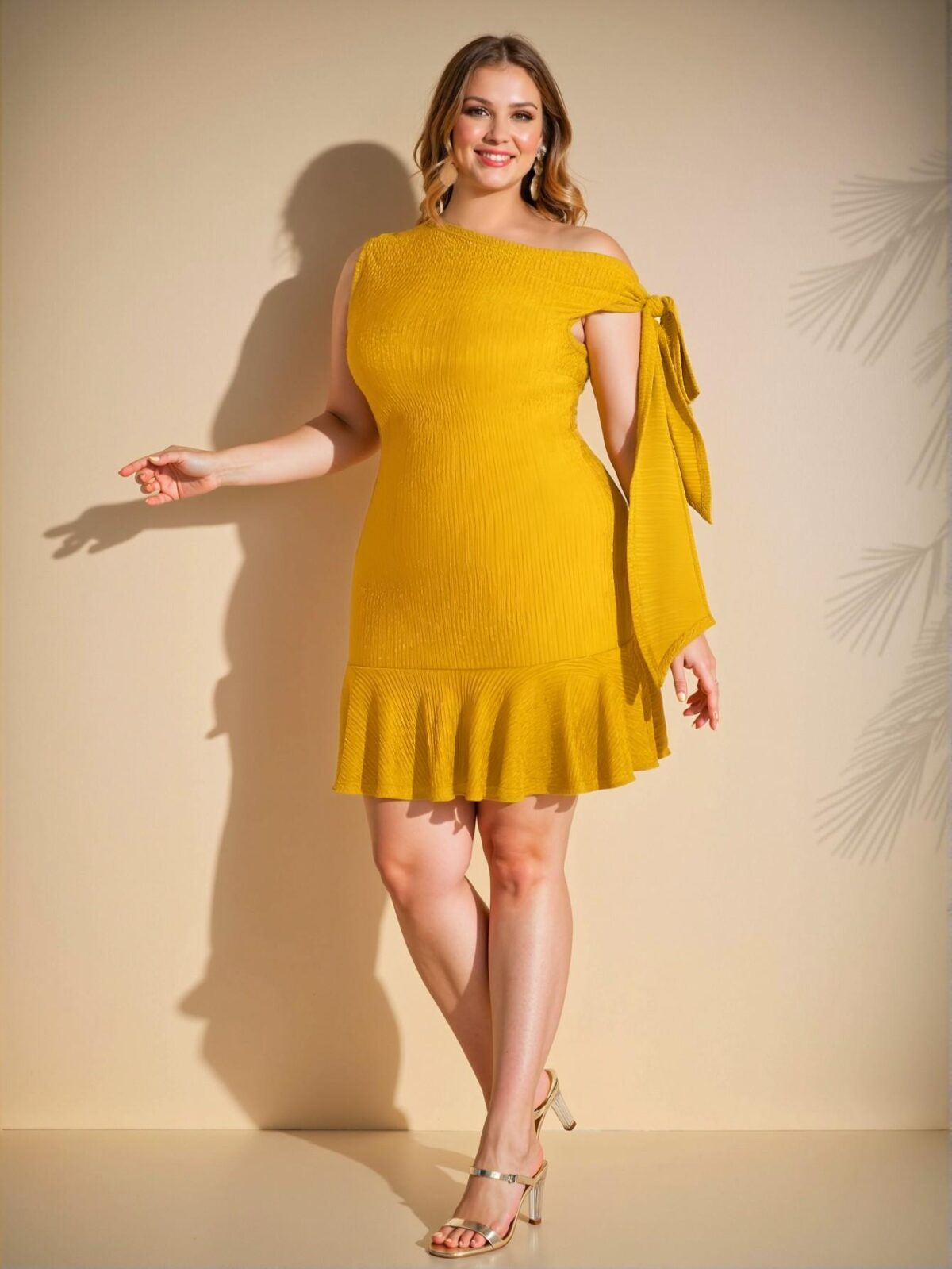 Elegant Yellow Stylish Plus Size Women's Casual Bodycon Dress with Asymmetrical Ruffle Hem for Effortless Chic, Classy, and Trendy Fashion Style to Dress to Impress - Image 4