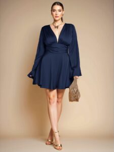 Elegant Navy Blue Flare Sleeve Backless A-Line Mini Dress for Holiday Parties and Special Occasions - Chic, Classy and Trendy Fashion Style to Dress to Impress