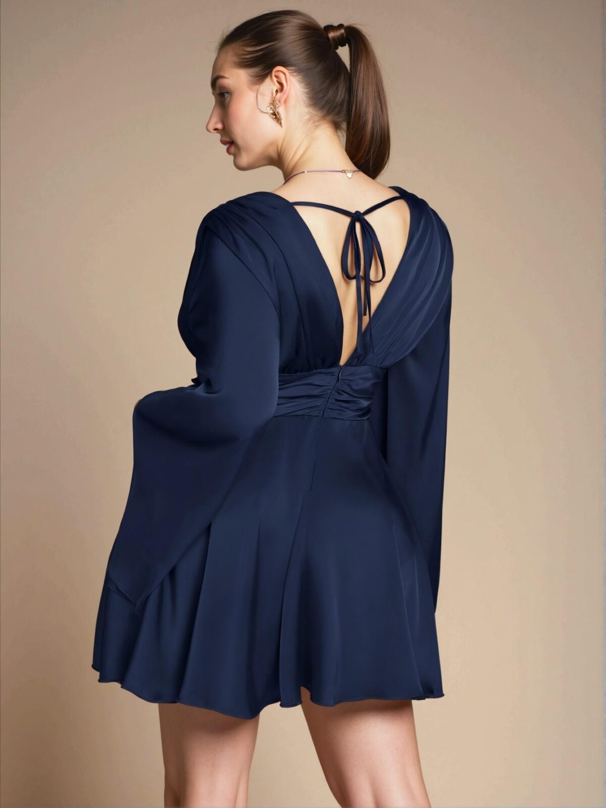 Elegant Navy Blue Flare Sleeve Backless A-Line Mini Dress for Holiday Parties and Special Occasions - Chic, Classy and Trendy Fashion Style to Dress to Impress - Image 2