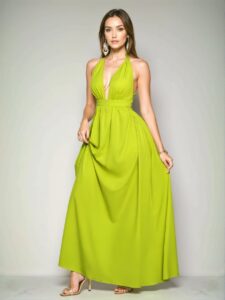 Elegant Green Stylish Halter V-Neck Backless Criss Cross Maxi Dress for Spring and Summer "Chic, Classy and Trendy Fashion Style to Dress to Impress"
