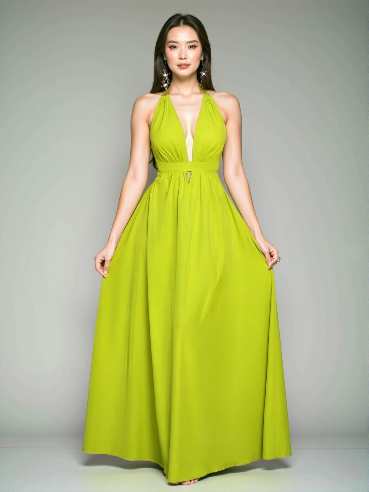 Elegant Green Stylish Halter V-Neck Backless Criss Cross Maxi Dress for Spring and Summer "Chic, Classy and Trendy Fashion Style to Dress to Impress" - Image 3