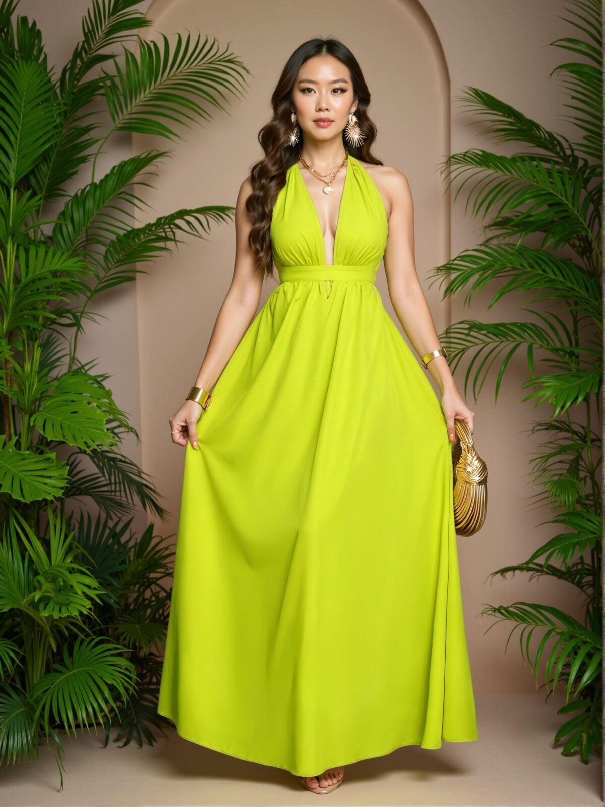 Elegant Green Stylish Halter V-Neck Backless Criss Cross Maxi Dress for Spring and Summer "Chic, Classy and Trendy Fashion Style to Dress to Impress" - Image 4