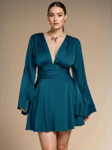 Elegant Teal Blue Flare Sleeve A-Line Mini Dress Perfect for Parties, Holidays, and Special Occasions, Combining Chic, Classy, and Trendy Style to Dress to Impress