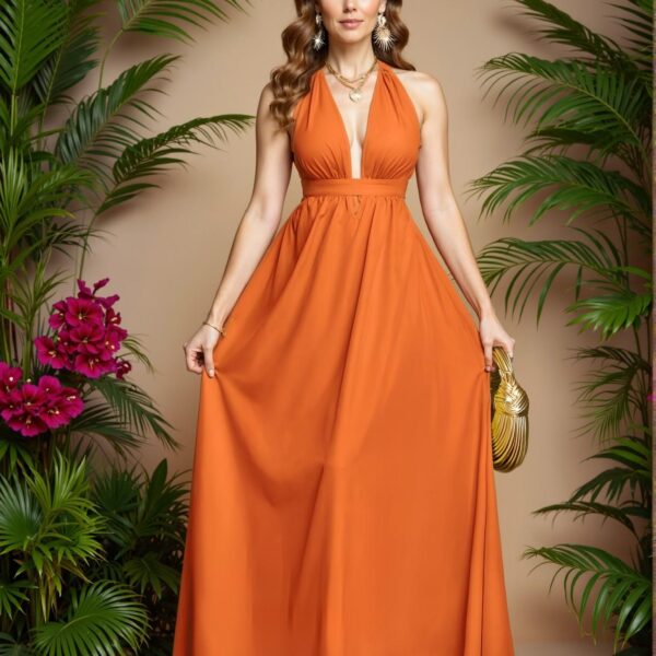 Elegant Orange Criss Cross Halter Backless Maxi Dress for Beach Vacations and Weddings – Chic, Classy and Trendy Fashion Style to Dress to Impress