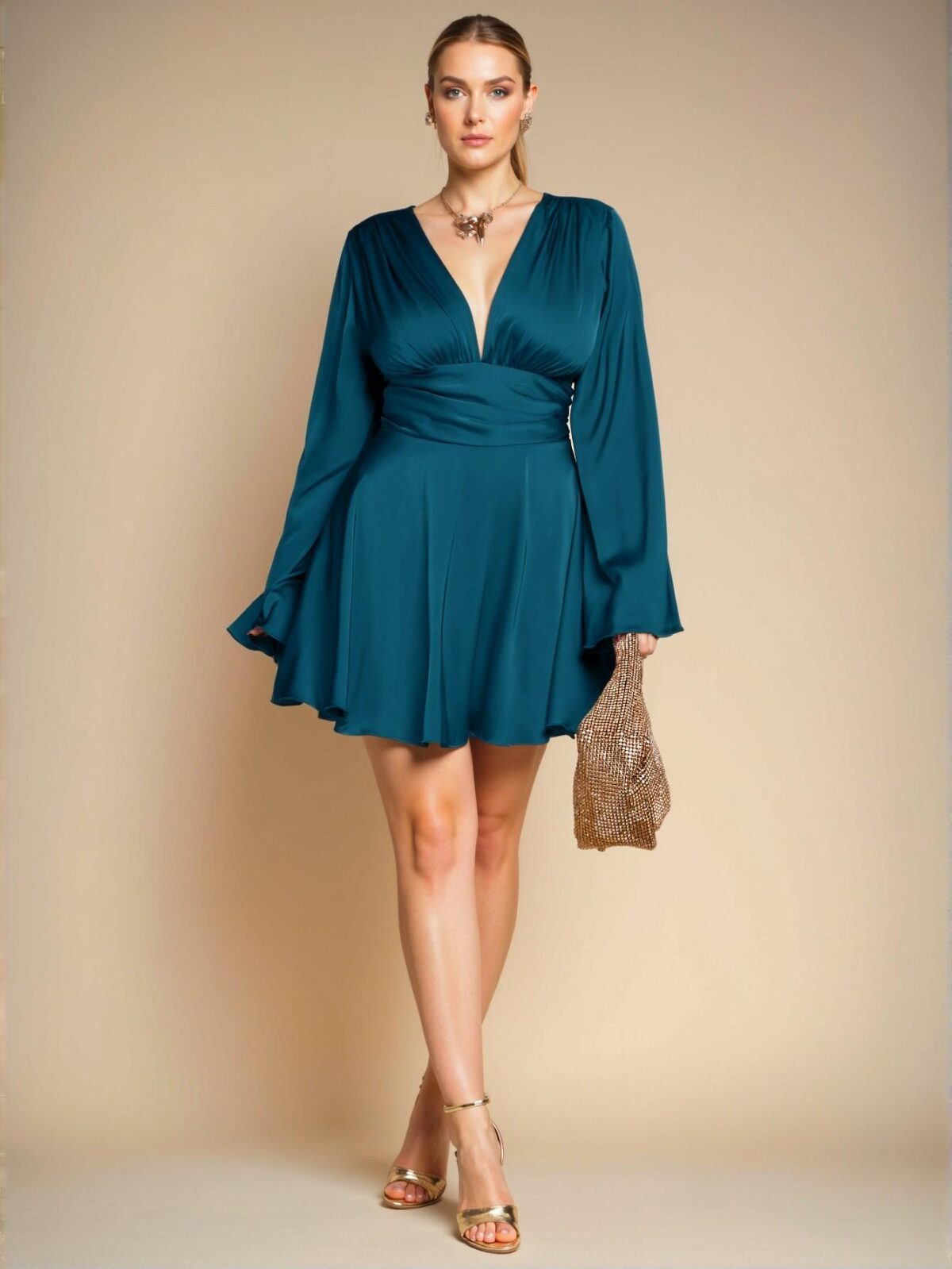 Elegant Teal Blue Flare Sleeve A-Line Mini Dress Perfect for Parties, Holidays, and Special Occasions, Combining Chic, Classy, and Trendy Style to Dress to Impress - Image 3
