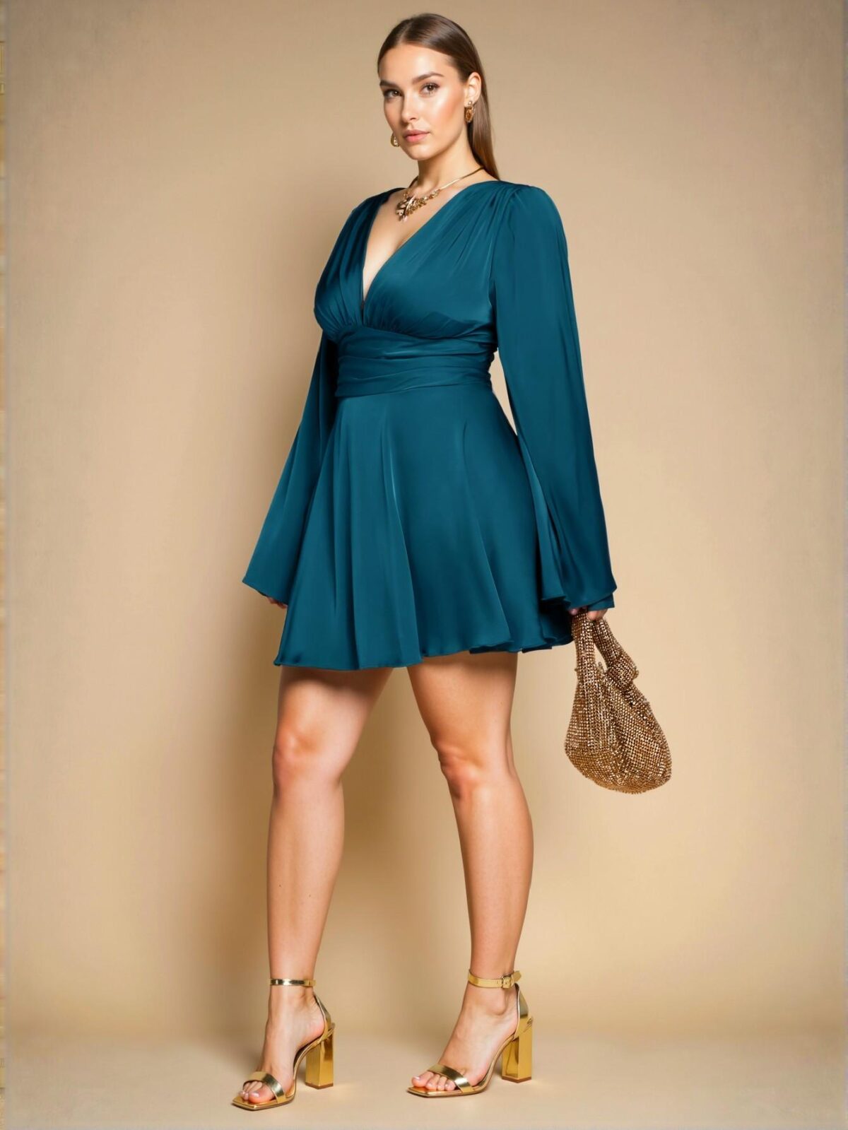 Elegant Teal Blue Flare Sleeve A-Line Mini Dress Perfect for Parties, Holidays, and Special Occasions, Combining Chic, Classy, and Trendy Style to Dress to Impress - Image 4