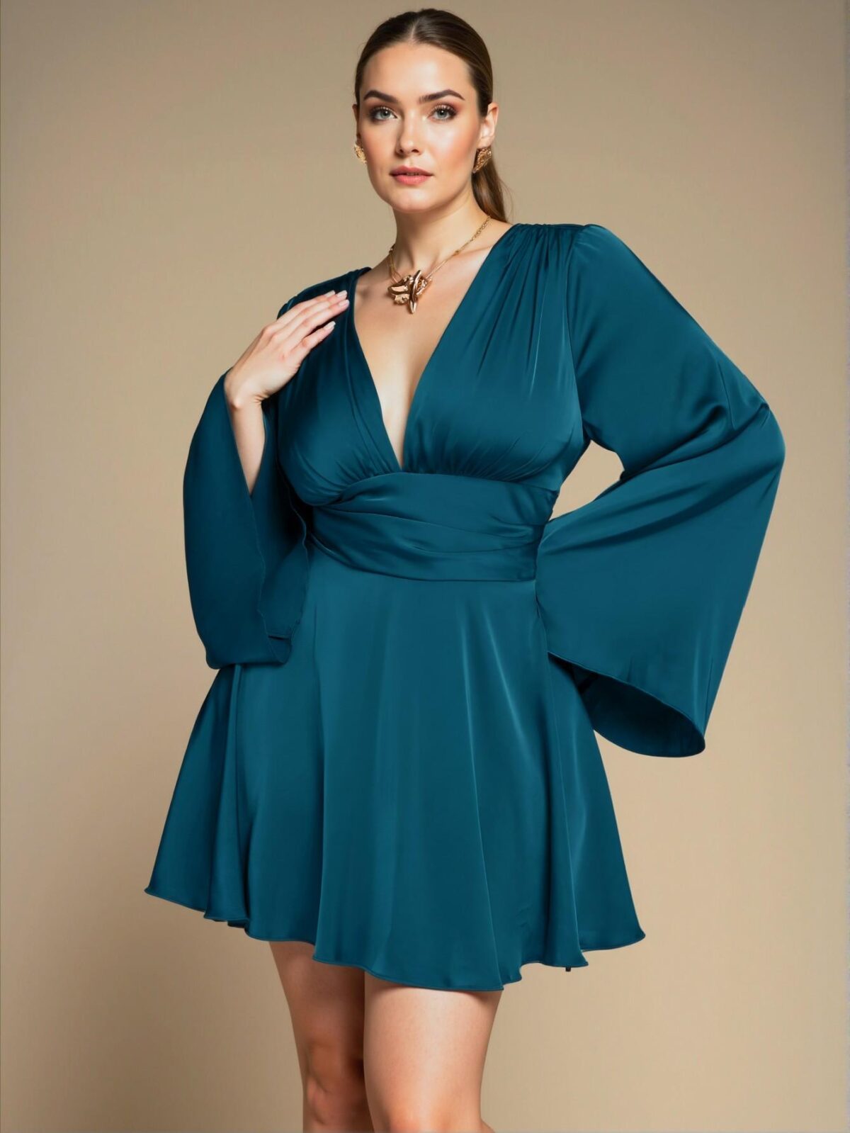 Elegant Teal Blue Flare Sleeve A-Line Mini Dress Perfect for Parties, Holidays, and Special Occasions, Combining Chic, Classy, and Trendy Style to Dress to Impress - Image 5