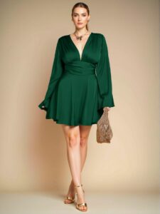 Elegant Dark Green Flare Sleeve A-Line Dress Perfect for Parties, Dates, and Festive Celebrations - Chic, Classy and Trendy Fashion Style to Dress to Impress