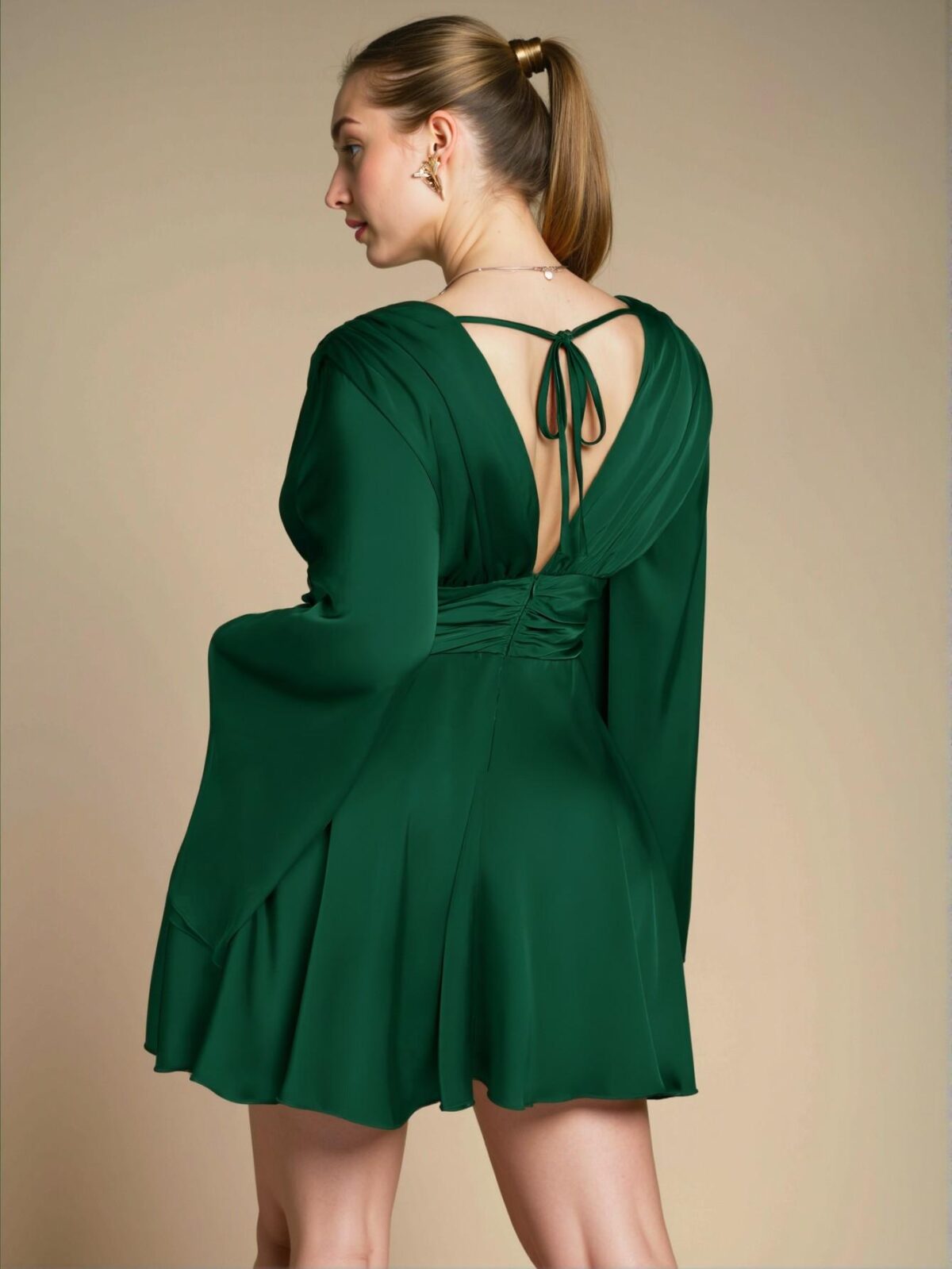 Elegant Dark Green Flare Sleeve A-Line Dress Perfect for Parties, Dates, and Festive Celebrations - Chic, Classy and Trendy Fashion Style to Dress to Impress - Image 2