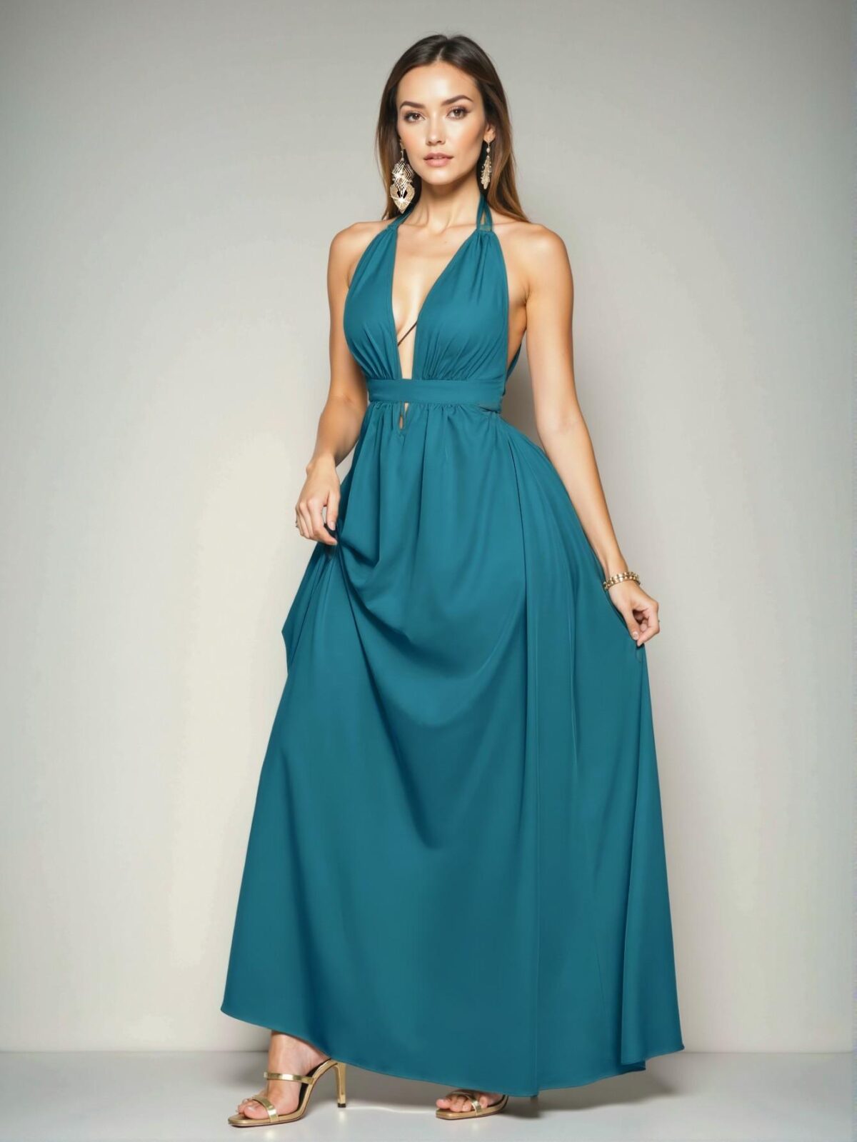 Elegant Teal Blue "Chic Halter V-Neck Backless Maxi Dress with Criss Cross Tie for Vacation and Summer Outings" "Chic, Classy and Trendy Fashion Style to Dress to Impress"