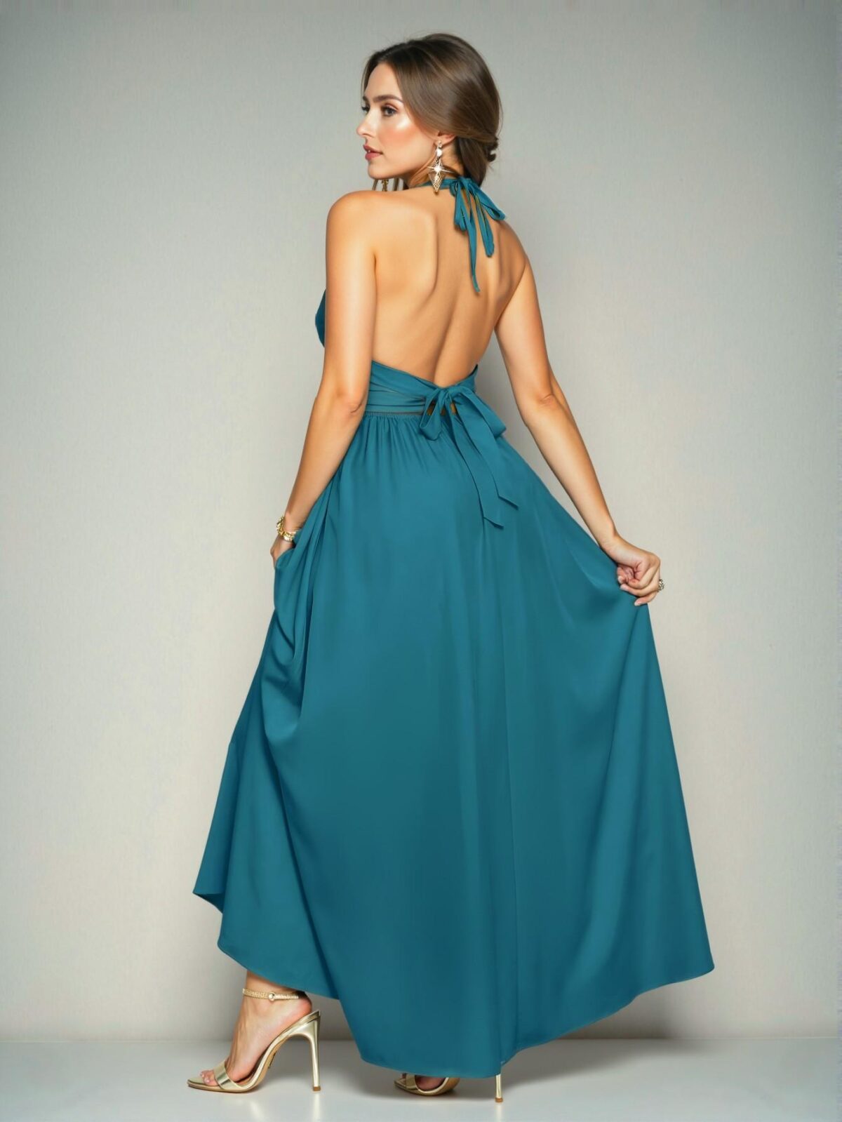 Elegant Teal Blue "Chic Halter V-Neck Backless Maxi Dress with Criss Cross Tie for Vacation and Summer Outings" "Chic, Classy and Trendy Fashion Style to Dress to Impress" - Image 2