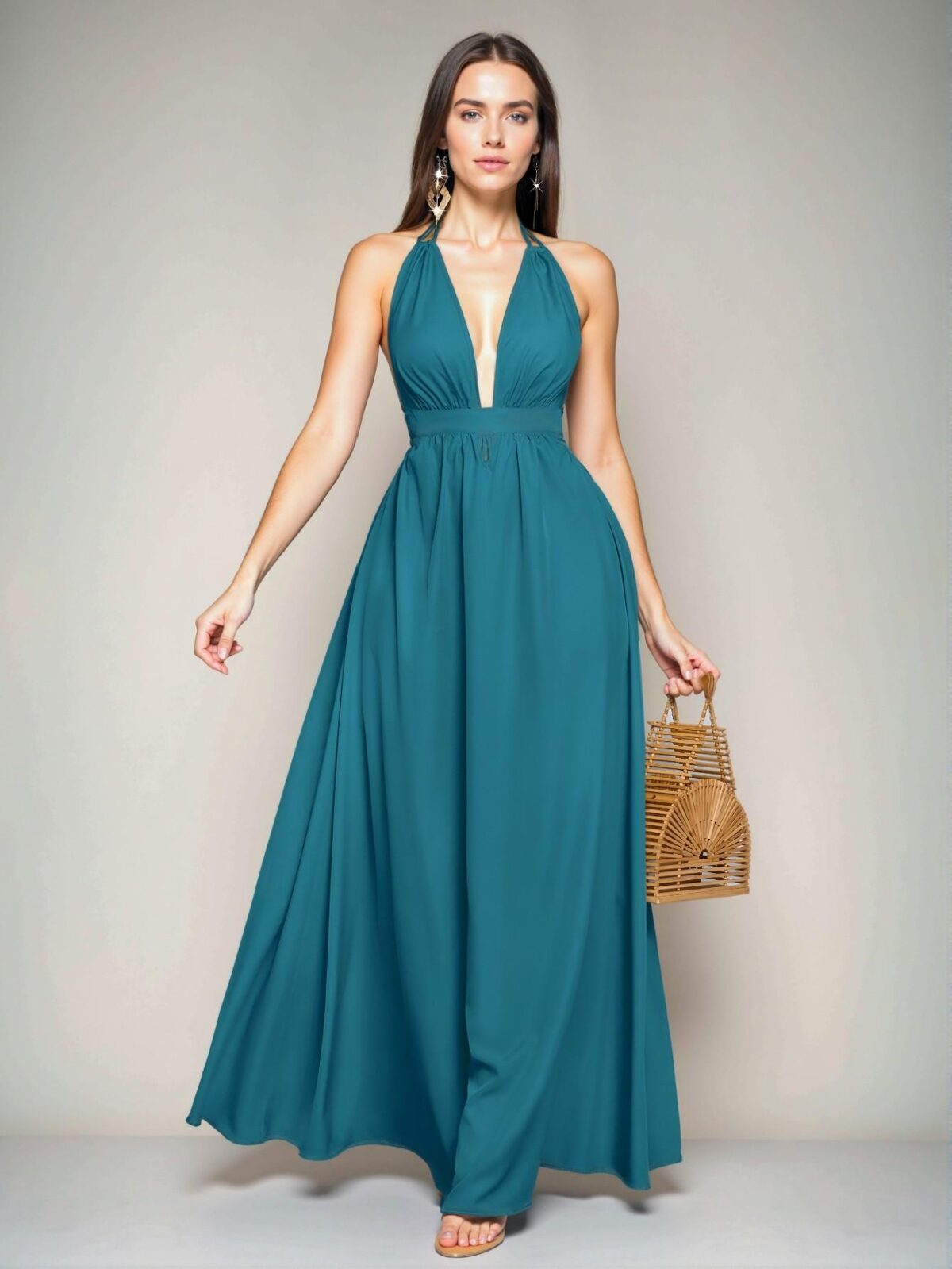 Elegant Teal Blue "Chic Halter V-Neck Backless Maxi Dress with Criss Cross Tie for Vacation and Summer Outings" "Chic, Classy and Trendy Fashion Style to Dress to Impress" - Image 3