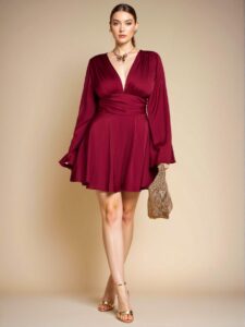 Elegant Burgundy Flared Satin V-Neck A-Line Dress Perfect for Parties, Holidays, and Special Occasions - Chic, Classy, and Trendy Fashion Style to Dress to Impress