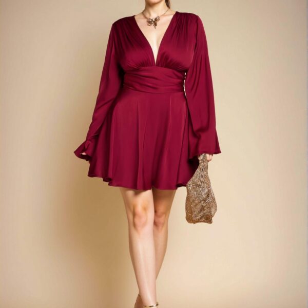 Elegant Burgundy Flared Satin V-Neck A-Line Dress Perfect for Parties, Holidays, and Special Occasions - Chic, Classy, and Trendy Fashion Style to Dress to Impress