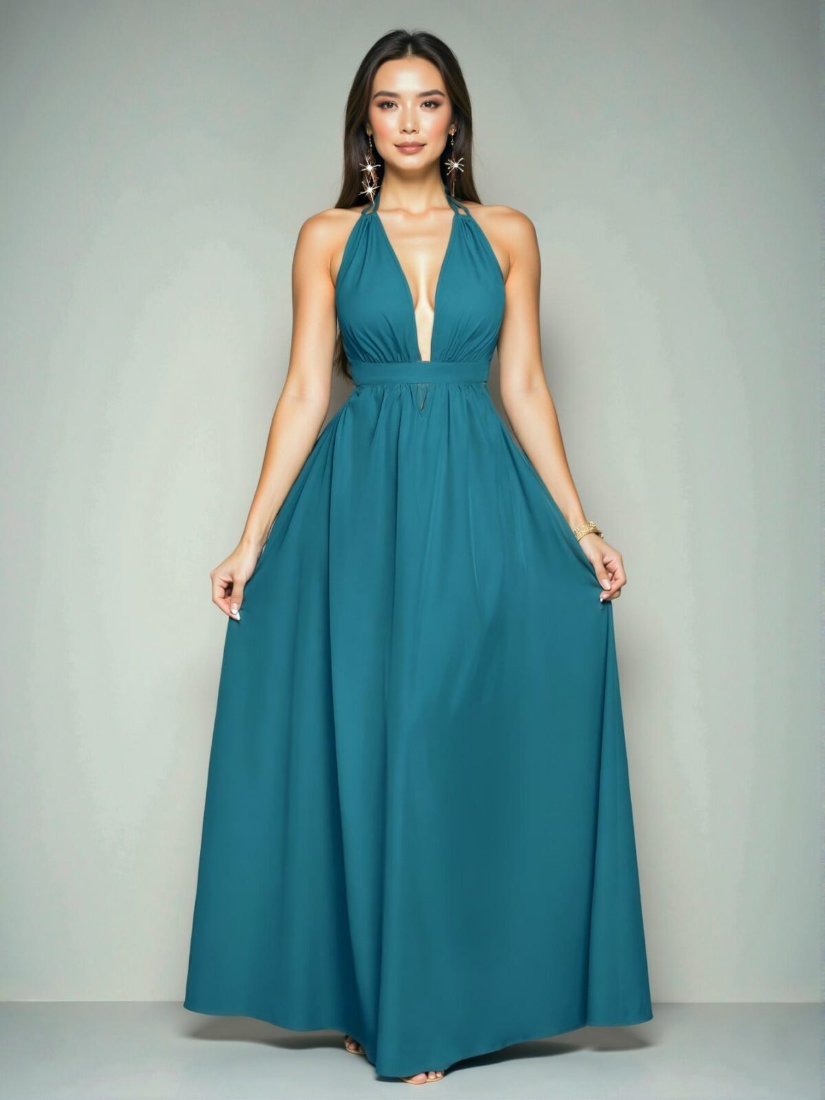 Elegant Teal Blue "Chic Halter V-Neck Backless Maxi Dress with Criss Cross Tie for Vacation and Summer Outings" "Chic, Classy and Trendy Fashion Style to Dress to Impress" - Image 4