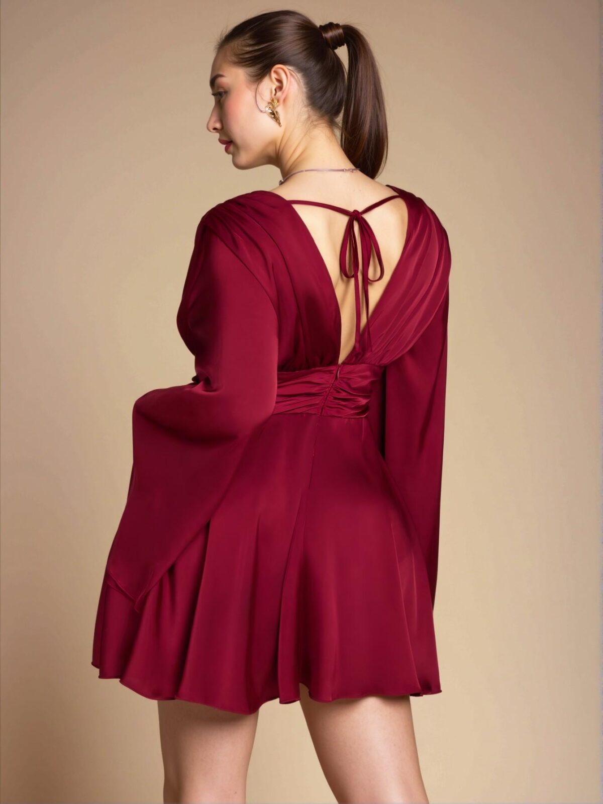 Elegant Burgundy Flared Satin V-Neck A-Line Dress Perfect for Parties, Holidays, and Special Occasions - Chic, Classy, and Trendy Fashion Style to Dress to Impress - Image 2