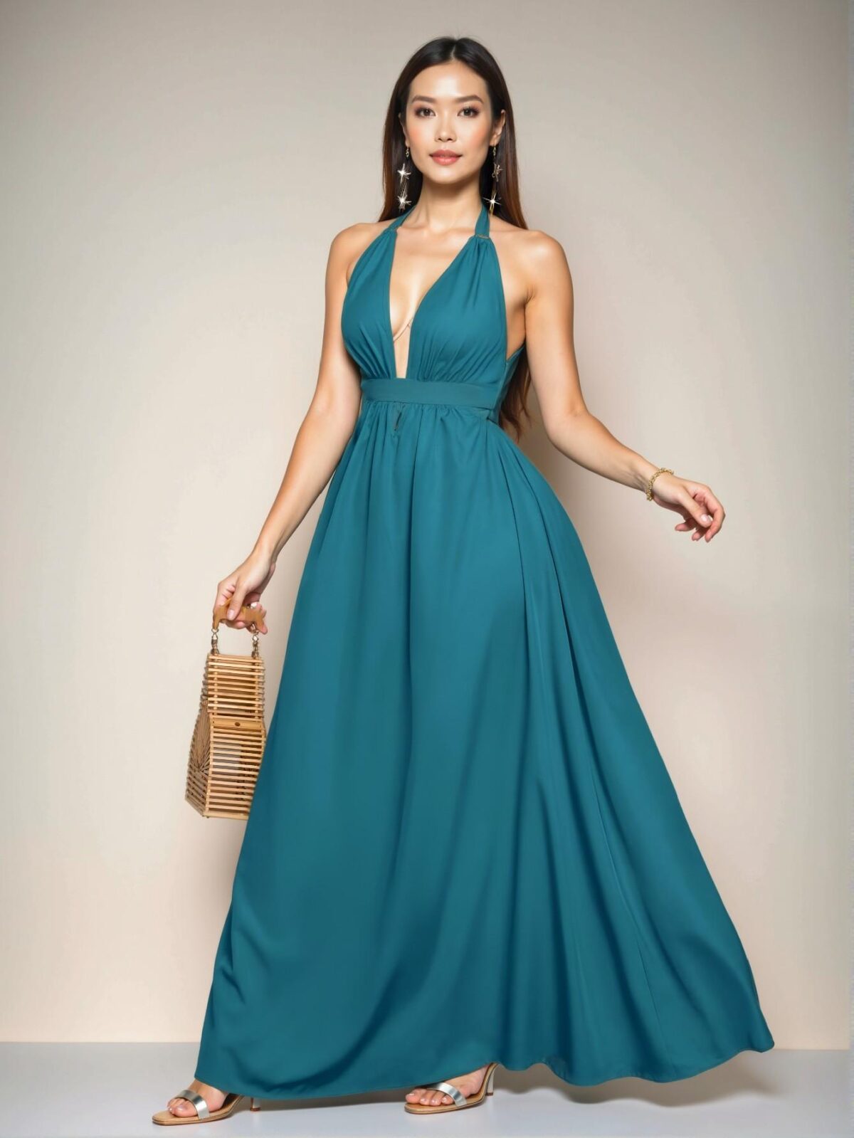 Elegant Teal Blue "Chic Halter V-Neck Backless Maxi Dress with Criss Cross Tie for Vacation and Summer Outings" "Chic, Classy and Trendy Fashion Style to Dress to Impress" - Image 5