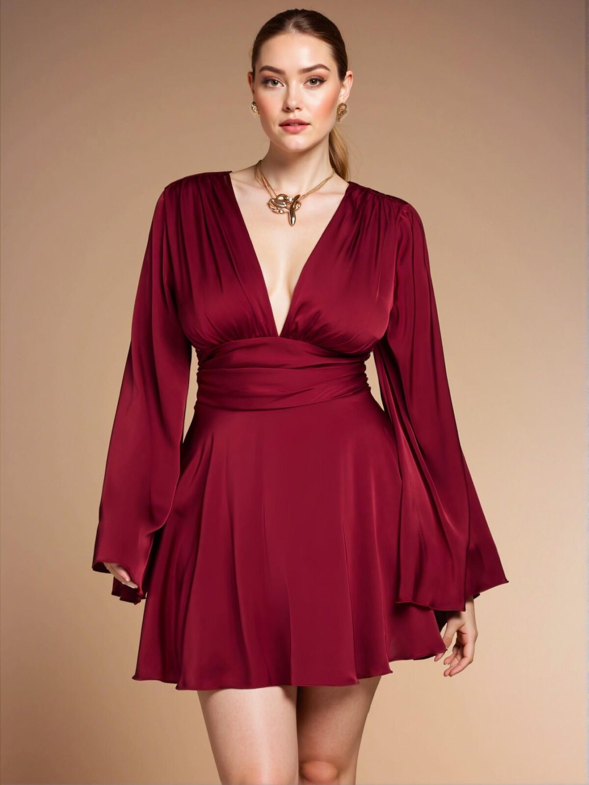 Elegant Burgundy Flared Satin V-Neck A-Line Dress Perfect for Parties, Holidays, and Special Occasions - Chic, Classy, and Trendy Fashion Style to Dress to Impress - Image 3
