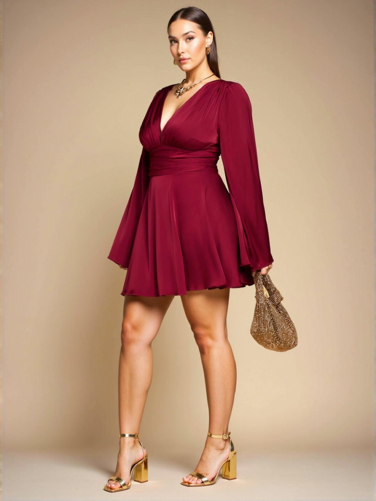 Elegant Burgundy Flared Satin V-Neck A-Line Dress Perfect for Parties, Holidays, and Special Occasions - Chic, Classy, and Trendy Fashion Style to Dress to Impress - Image 4