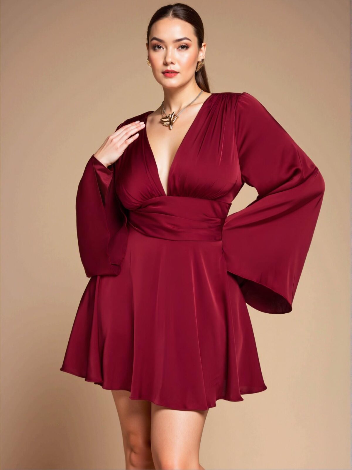 Elegant Burgundy Flared Satin V-Neck A-Line Dress Perfect for Parties, Holidays, and Special Occasions - Chic, Classy, and Trendy Fashion Style to Dress to Impress - Image 5