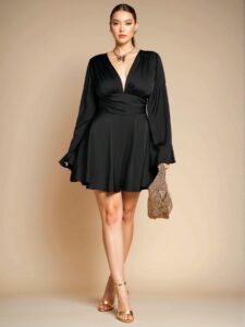 Elegant Black Flare Sleeve A-Line Dress Perfect for Holidays, Parties, and Celebrations - Chic, Classy and Trendy Fashion Style to Dress to Impress
