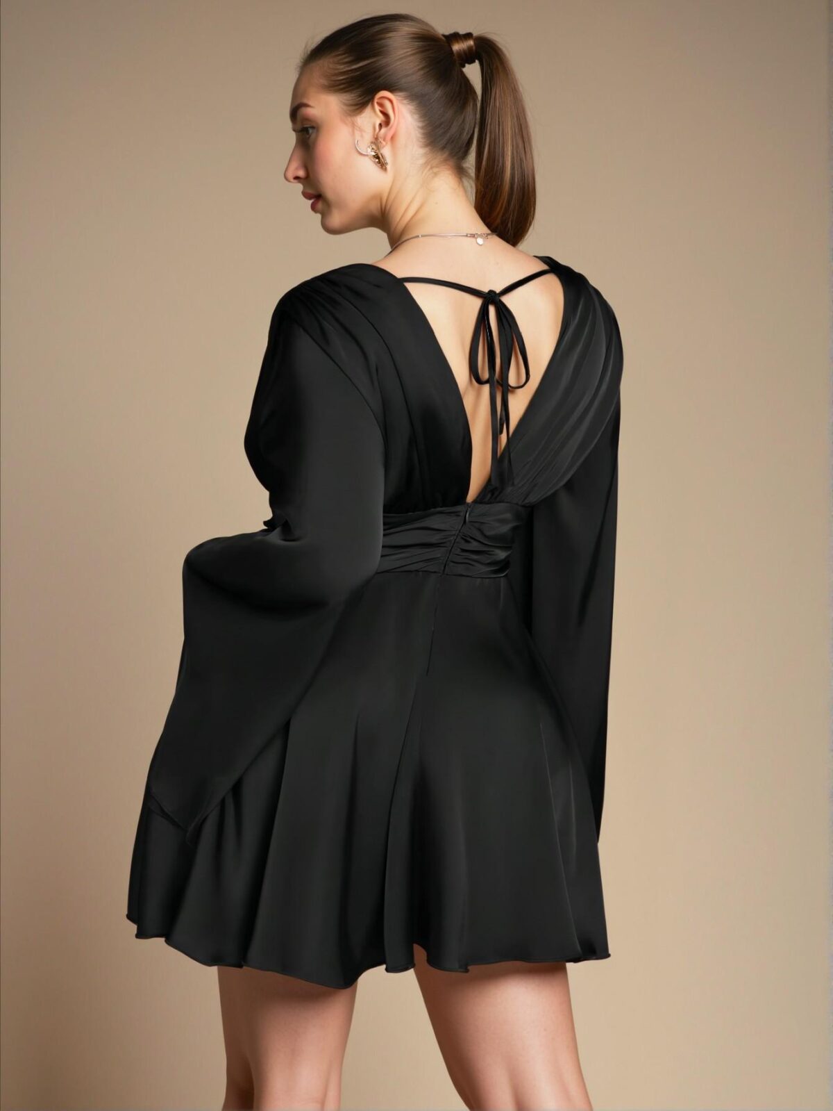 Elegant Black Flare Sleeve A-Line Dress Perfect for Holidays, Parties, and Celebrations - Chic, Classy and Trendy Fashion Style to Dress to Impress - Image 2