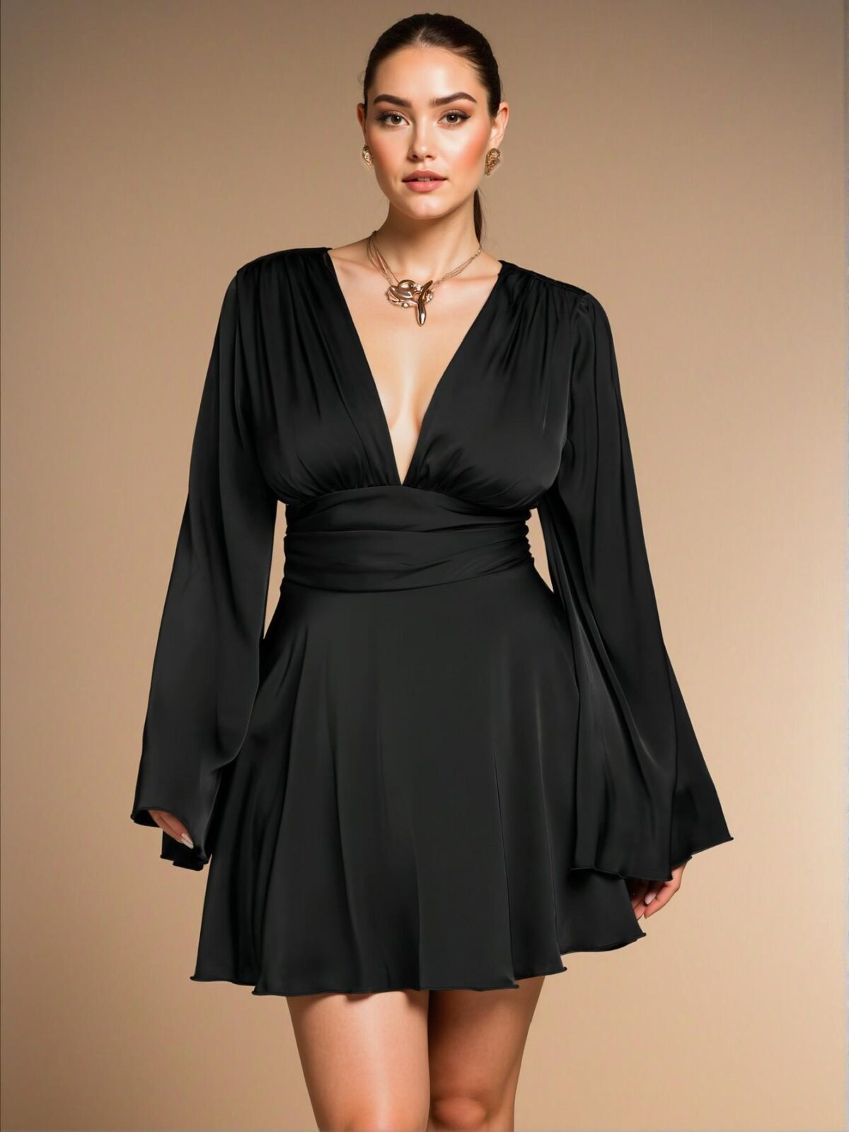 Elegant Black Flare Sleeve A-Line Dress Perfect for Holidays, Parties, and Celebrations - Chic, Classy and Trendy Fashion Style to Dress to Impress - Image 3