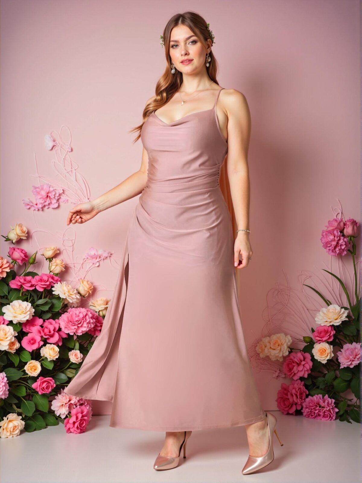 Elegant Baby Pink Plus Size Spaghetti Strap Slit Fishtail Evening Gown for Formal Events - Chic, Classy and Trendy Fashion Style to Dress to Impress - Image 5