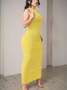 Elegant Yellow Sleeveless Bodycon Backless Dress with Ribbed Knit Design for Casual Streetwear and Party Fashion in Spring and Summer - Chic, Classy and Trendy Fashion Style to Dress to Impress