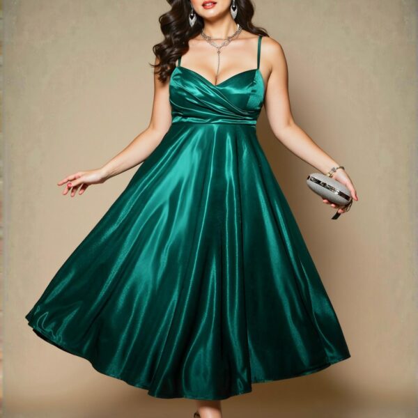 Elegant Dark Green Flared A-Line Satin Slip Dress with Backless Design for Plus Size Women - Chic, Classy and Trendy Fashion Style to Dress to Impress